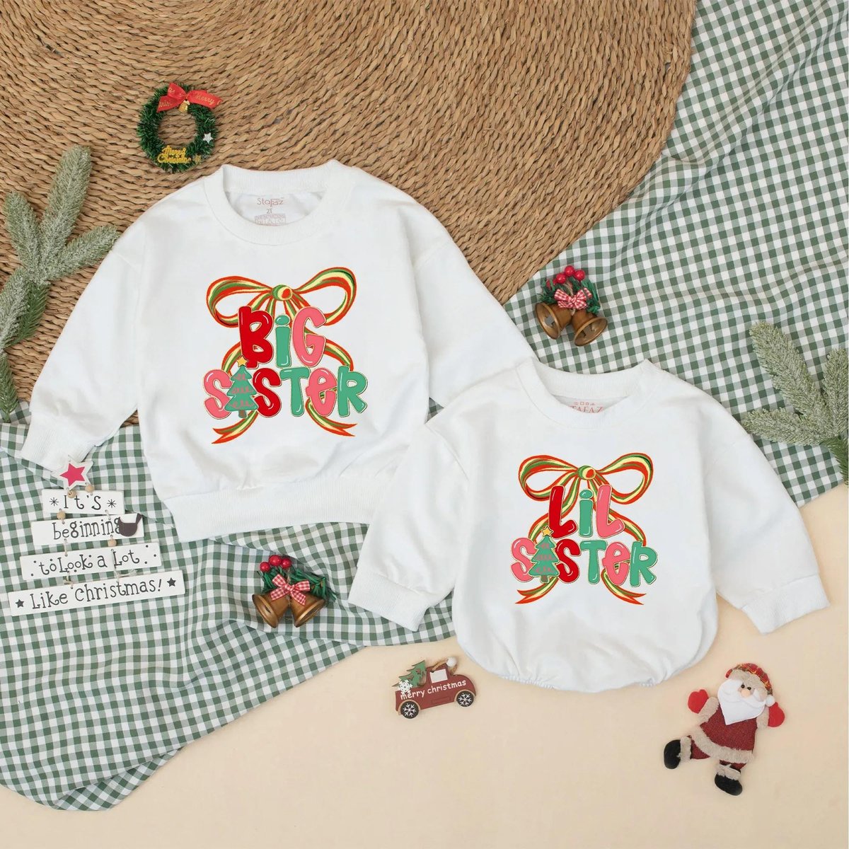 Christmas Big Sister Lil Sister Matching Sweatshirts Christmas Bow Sister Sibling Outfit Big Sister 436