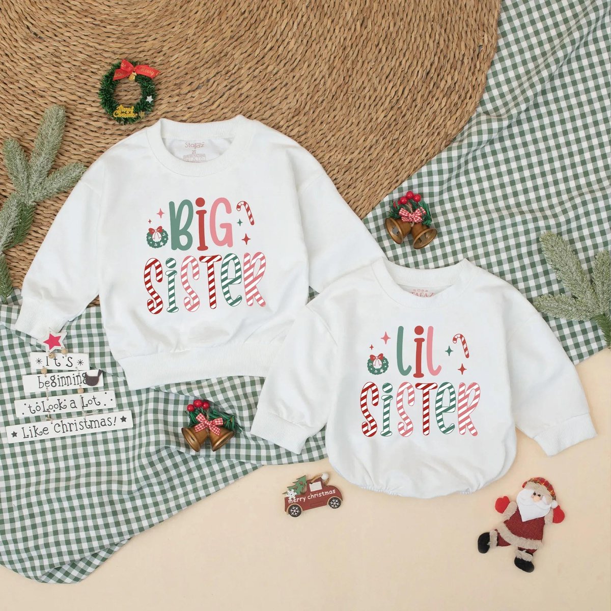 Christmas Big Sister Lil Sister Matching Sweatshirt Romper Sibling Christmas Outfit New Baby Announc 436
