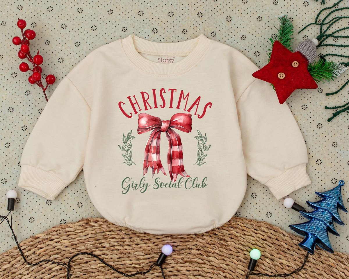 Christmas Girly Bow Romper First Christmas Clothes Toddler Sweatshirt Baby Shower Gift Bubble Romper