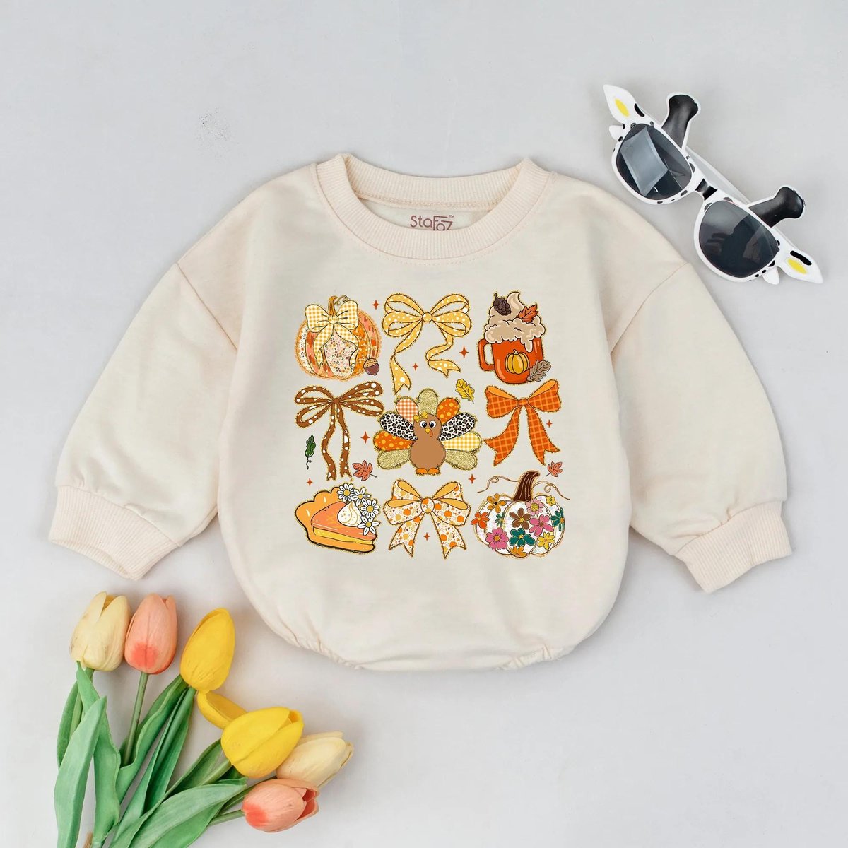 Colorful Fall Bubble Romper Floral Thanksgiving Bodysuit Cute Turkey Infant Outfit Fall Baby Shower 436