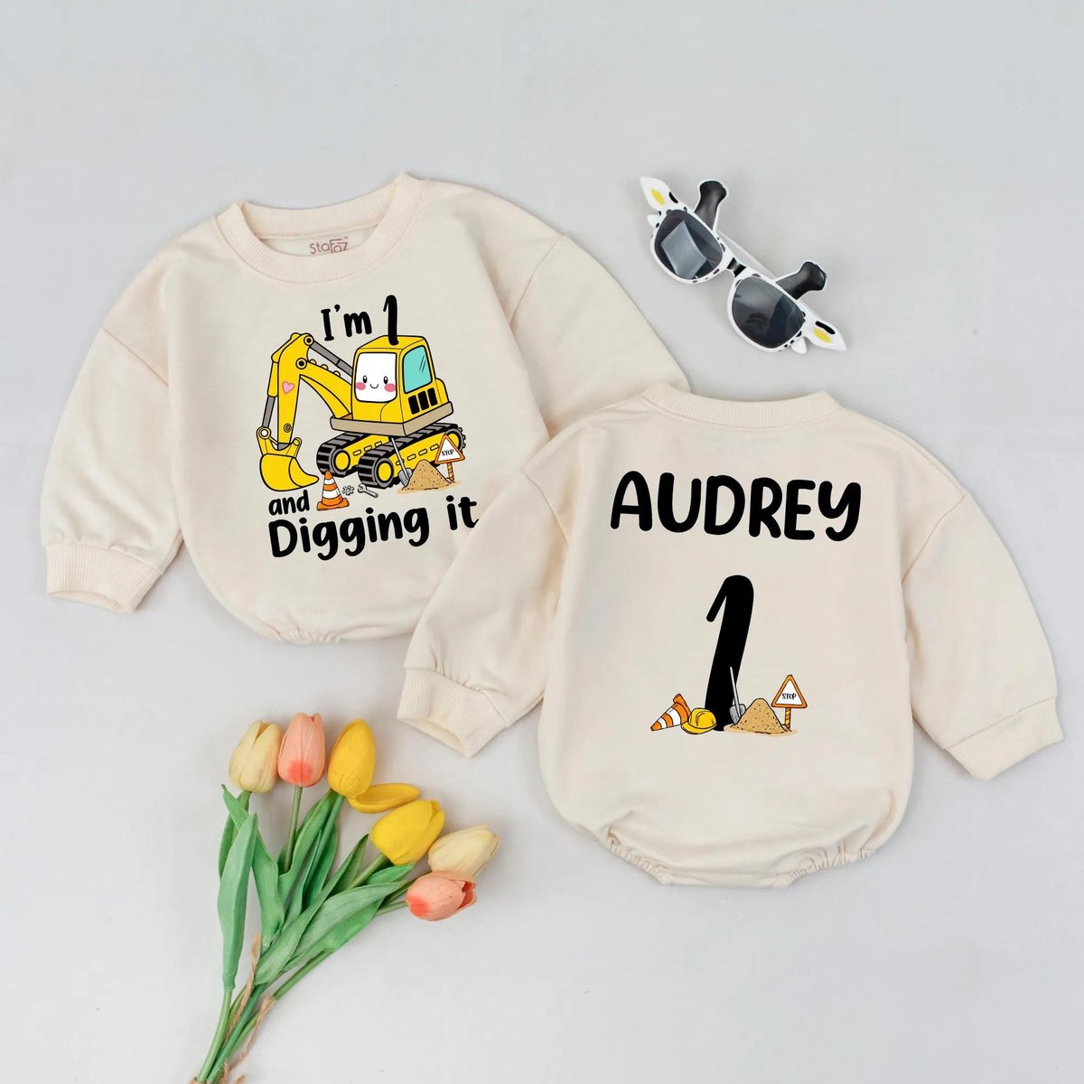 Construction Birthday Romper I'm One And Digging It Outfit Custom Name Gift For Boy Digger 1st Birt 189