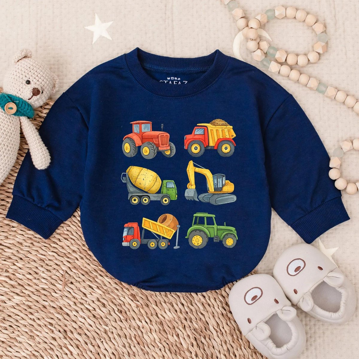Construction Truck Baby Romper Toddler Boy Bubble Outfit Excavator Oversized Bodysuit Truck Lover B