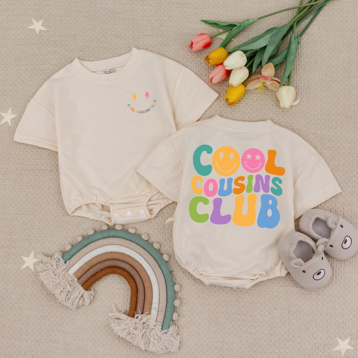 Cool Cousins Club Baby Romper Cousin Crew Kids Babysuit Cousin Crew Retro Style Babysuit Natural Col