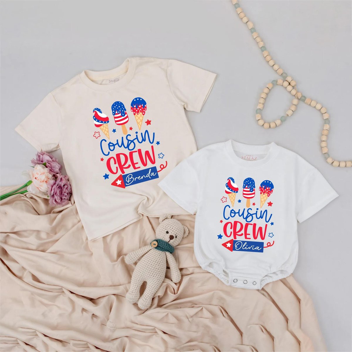 Cousin Crew Matching Shirts and Rompers 4th of July Patriotic Ice Cream Outfits Custom Name Baby Clo 430