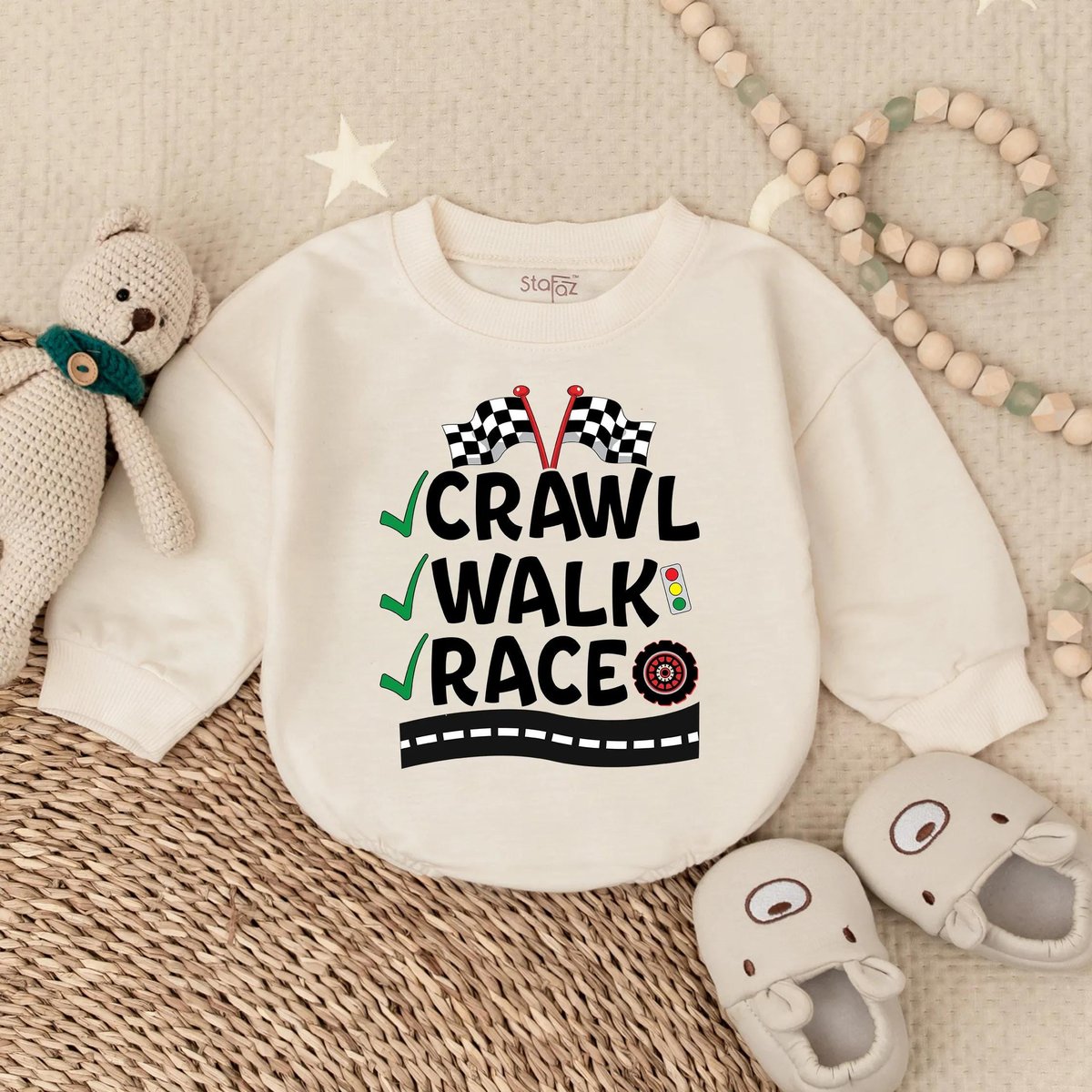 Crawl Walk Race Baby Bubble Bodysuit Funny Race Car Romper Baby Boy Racing Outfit Race Fan Baby Show