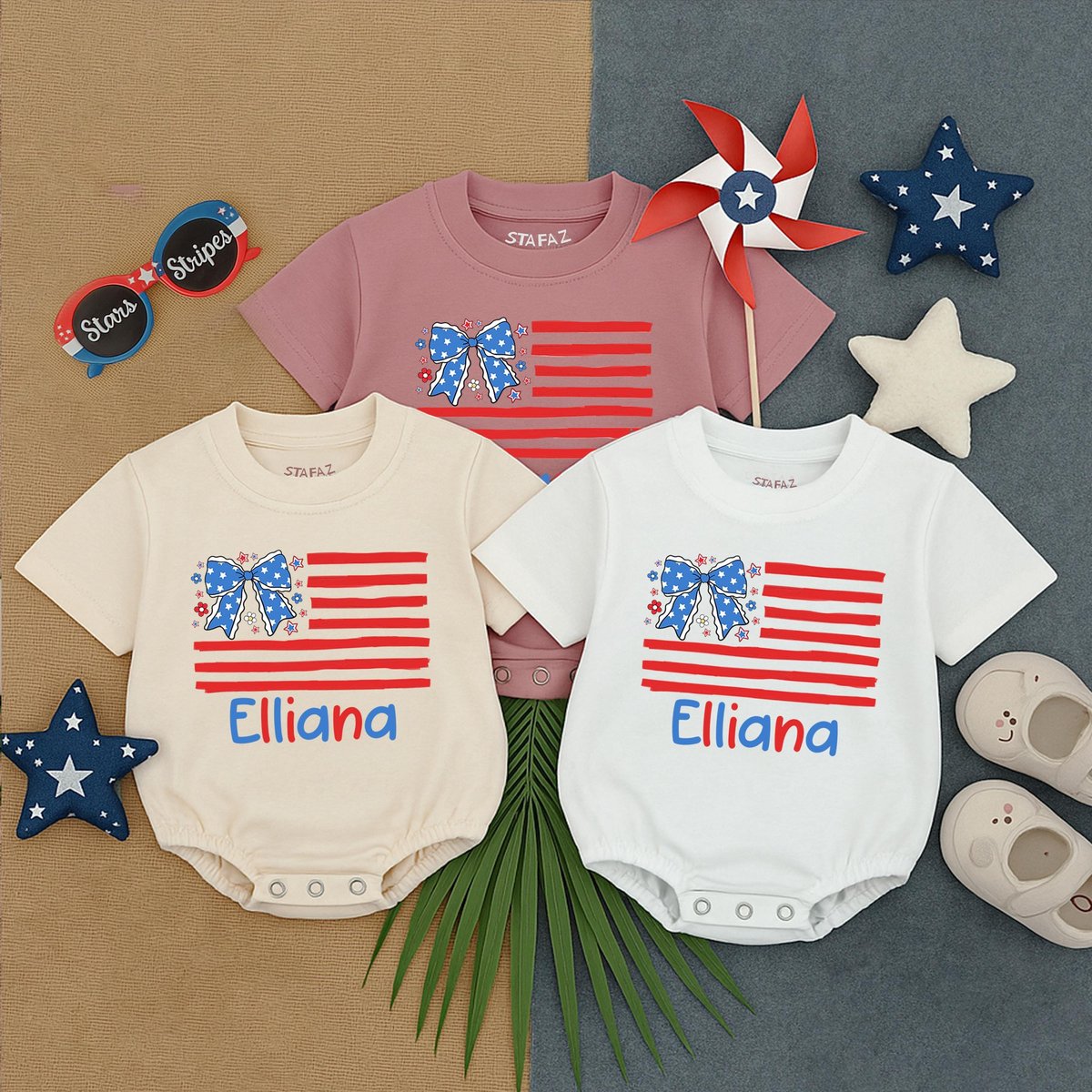 Custom 4th of July Bubble Romper Baby Girl Red White Blue Romper Personalized Name Baby Outfit Short 431