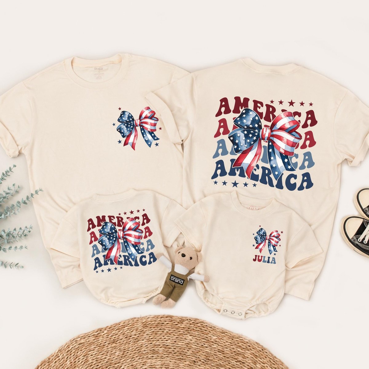 Custom 4th of July Family Outfits with USA Flag Bow Matching American Pride Shirts and Personalized 430