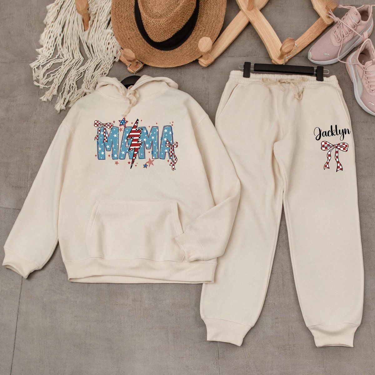Custom American Mama Sweatshirt and Sweatpants Sweatsuit Gift for Mom Personalized 4th of July Mom U