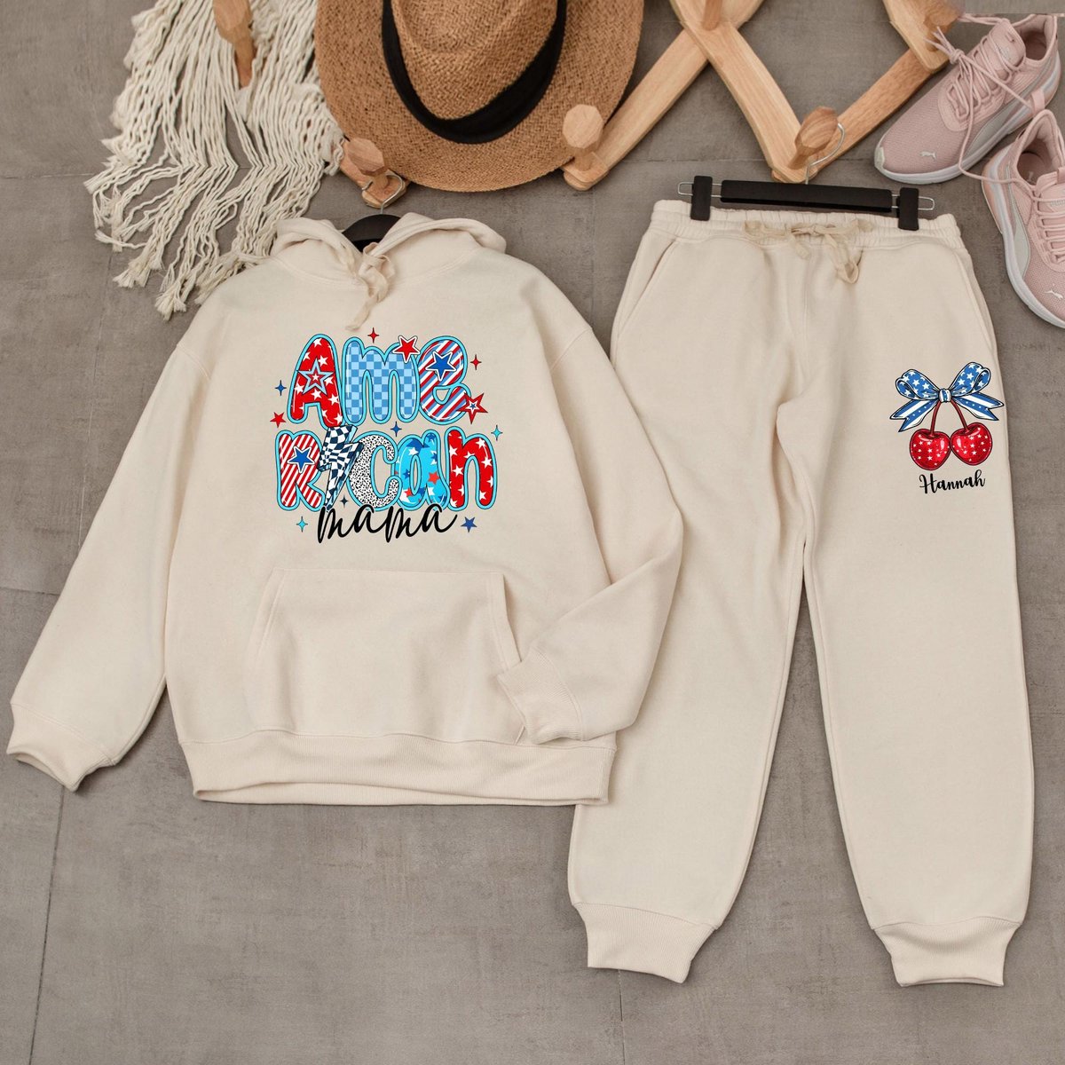 Custom American Mama Sweatshirt and Sweatpants Sweatsuit Gift for Mom Personalized 4th of July Mom U 430