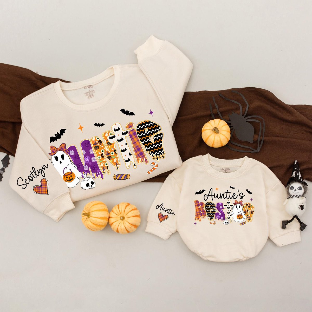 Custom Auntie Bestie Halloween Sweatshirts Matching Spooky Season Outfits for Aunt Niece Nephew Cute 437