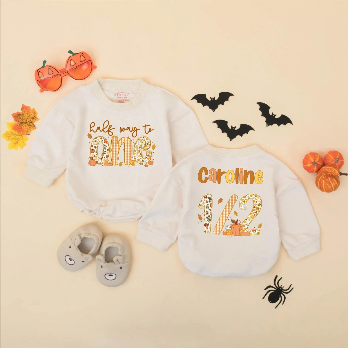 Custom Autumn Half Way to One Bubble Romper Personalized Thanksgiving Baby Outfits Fall 12 Birthday 436