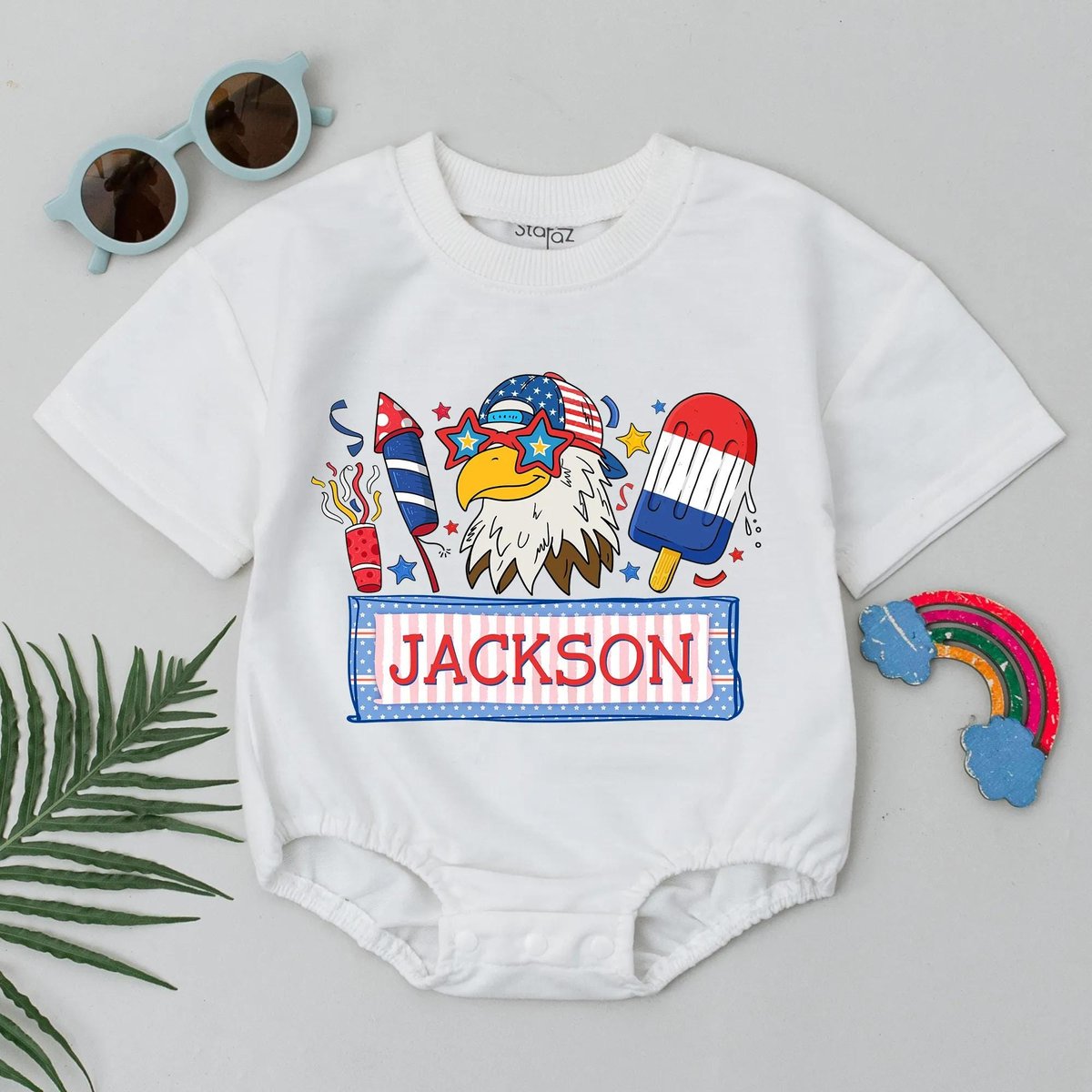 Custom Baby Boy 4th of July Romper Personalized Name Newborn with Patriotic Eagle USA with Fireworks
