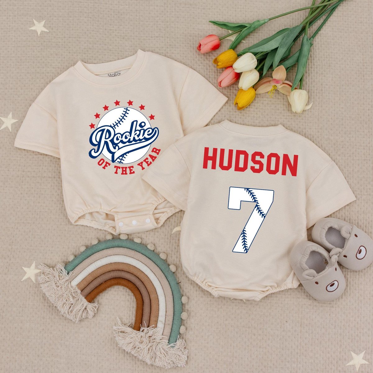 Custom Baseball Birthday Rookie Of The Year Baby Romper Custom Name Baseball Sports First Birthday P