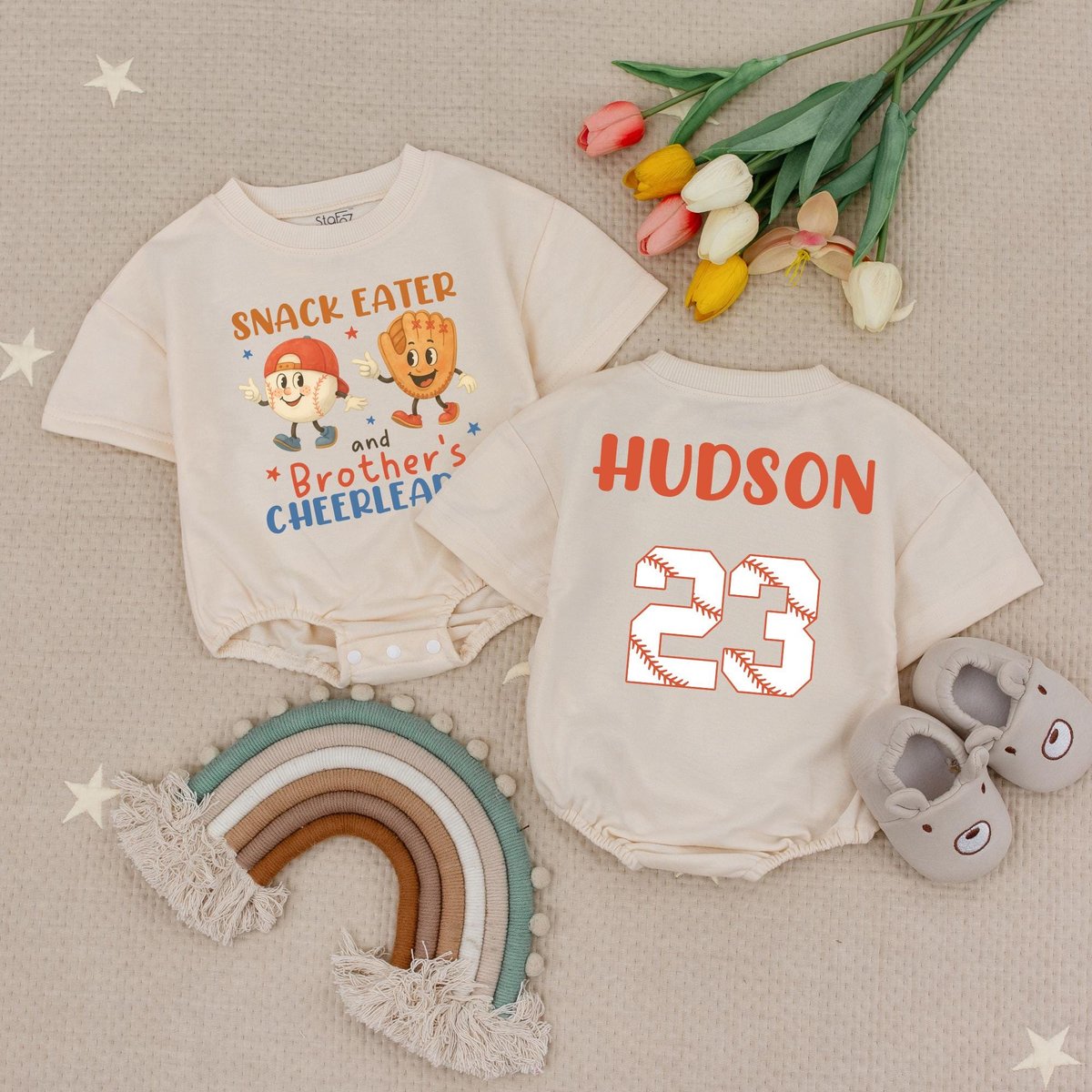 Custom Baseball Cheerleader Baby Romper Brother Baseball Name Number Bubble Romper Little Sibling So
