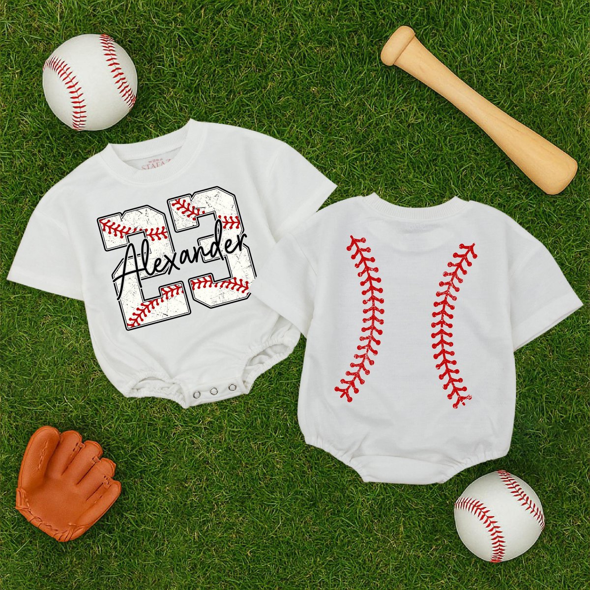 Custom Baseball Number Baby Romper Personalized Baby Boy Outfit with Name Two Sided Baseball Bodysui 190