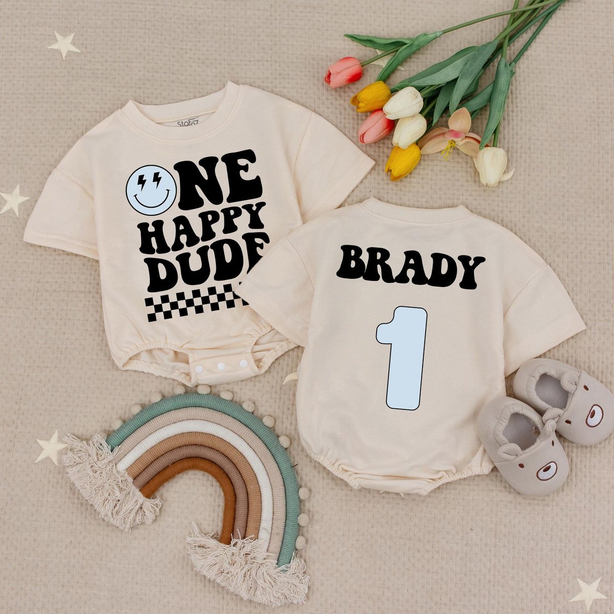 Custom Birthday Boy Babysuit One Happy Dude Birthday Baby Romper Retro Groovy Checkered Party Outfit