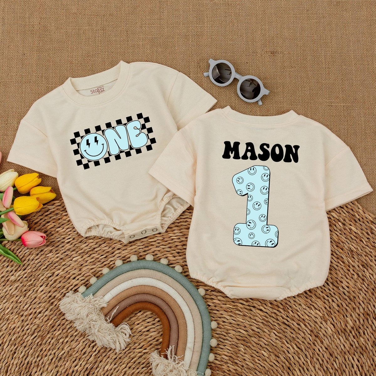 Custom Blue One Happy Dude Romper One Cool Dude Smiley Face Bodysuit Matching Family Birthday First 173
