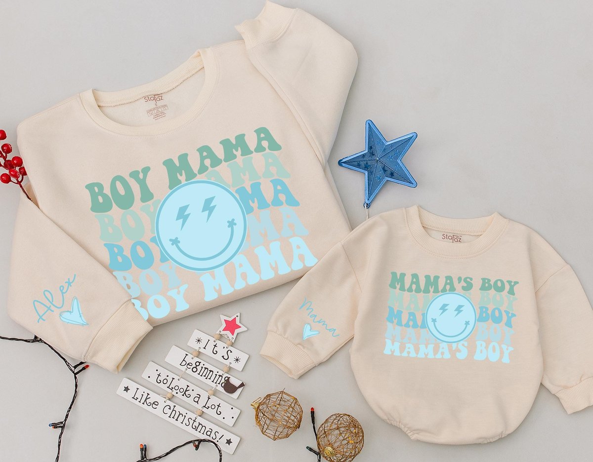 Custom boy mama and mama's boy Sweatshirt Baby romper kids Smiley face Mama Sweater Gift for Her Ne 182