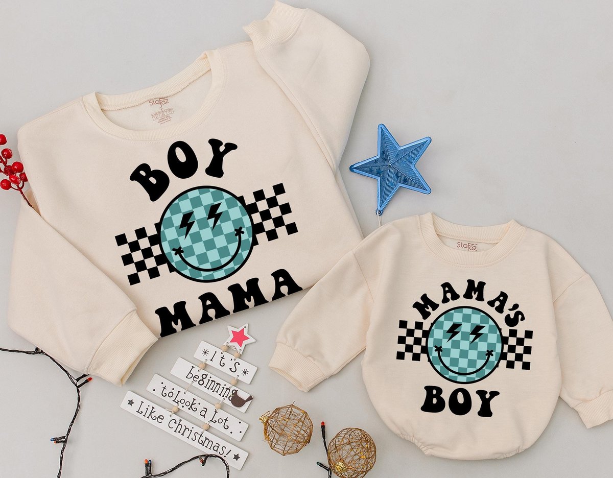 Custom boy mama and mama's boy smiley Sweatshirt Baby romper kids Retro outfit Mama Sweatshirt Gift 182