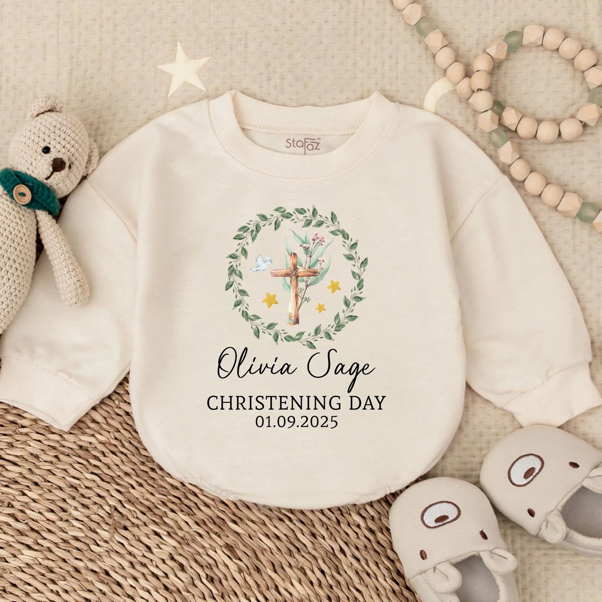 Custom Christening Long Sleeve Bubble Romper Personalized Baptism Baby Girl Outfit Baby Shower Gift