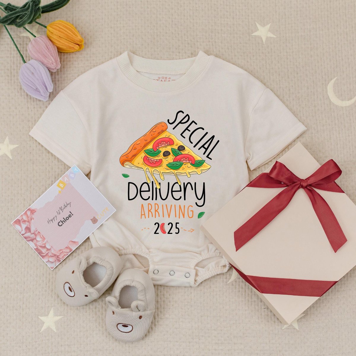 Custom Due Date Special Delivery Pizza Baby Romper Personalized Baby Pregnancy Announcement Surprise