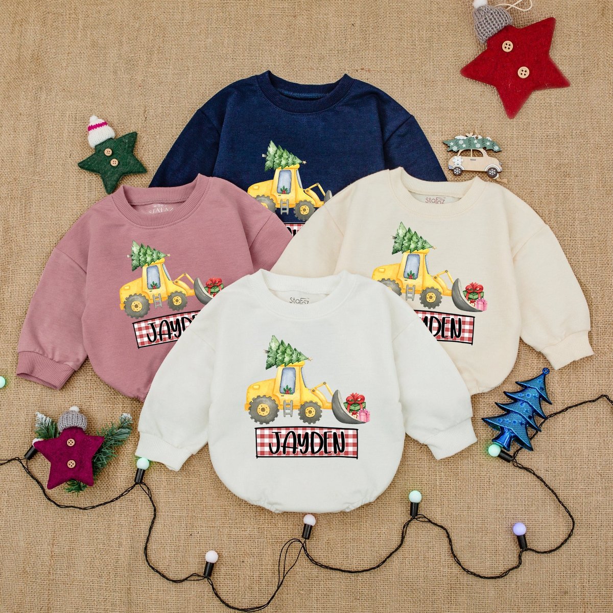 Custom Excavator Name Christmas Bodysuit Bubble Romper Baby Christmas Clothes Christmas Baby Outfit 180