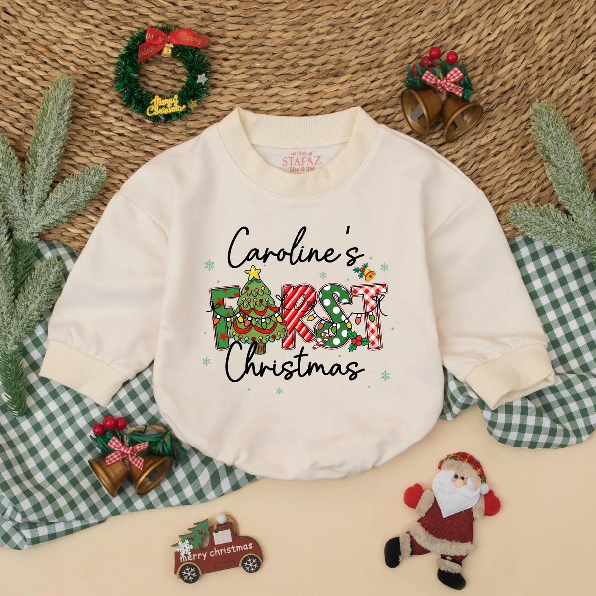 Custom First Christmas Bubble Romper Personalized Baby Xmas Outfit Holiday Romper with Name Babys 1s 436
