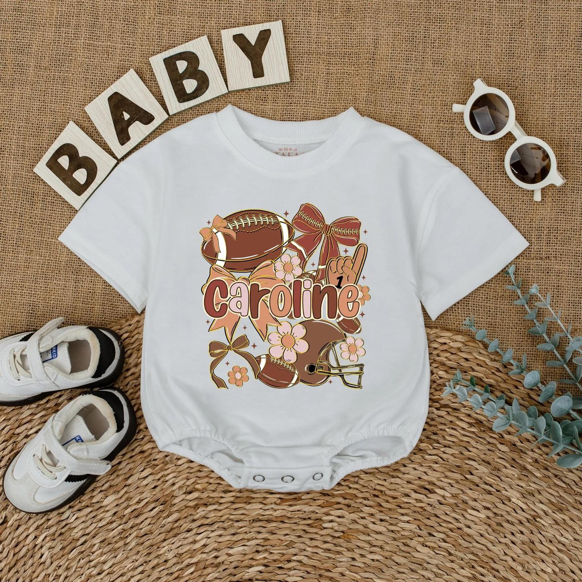 Custom Football Gameday Baby Romper Personalized Baby Bodysuit with Name Baby Girl Football Outfit W 436