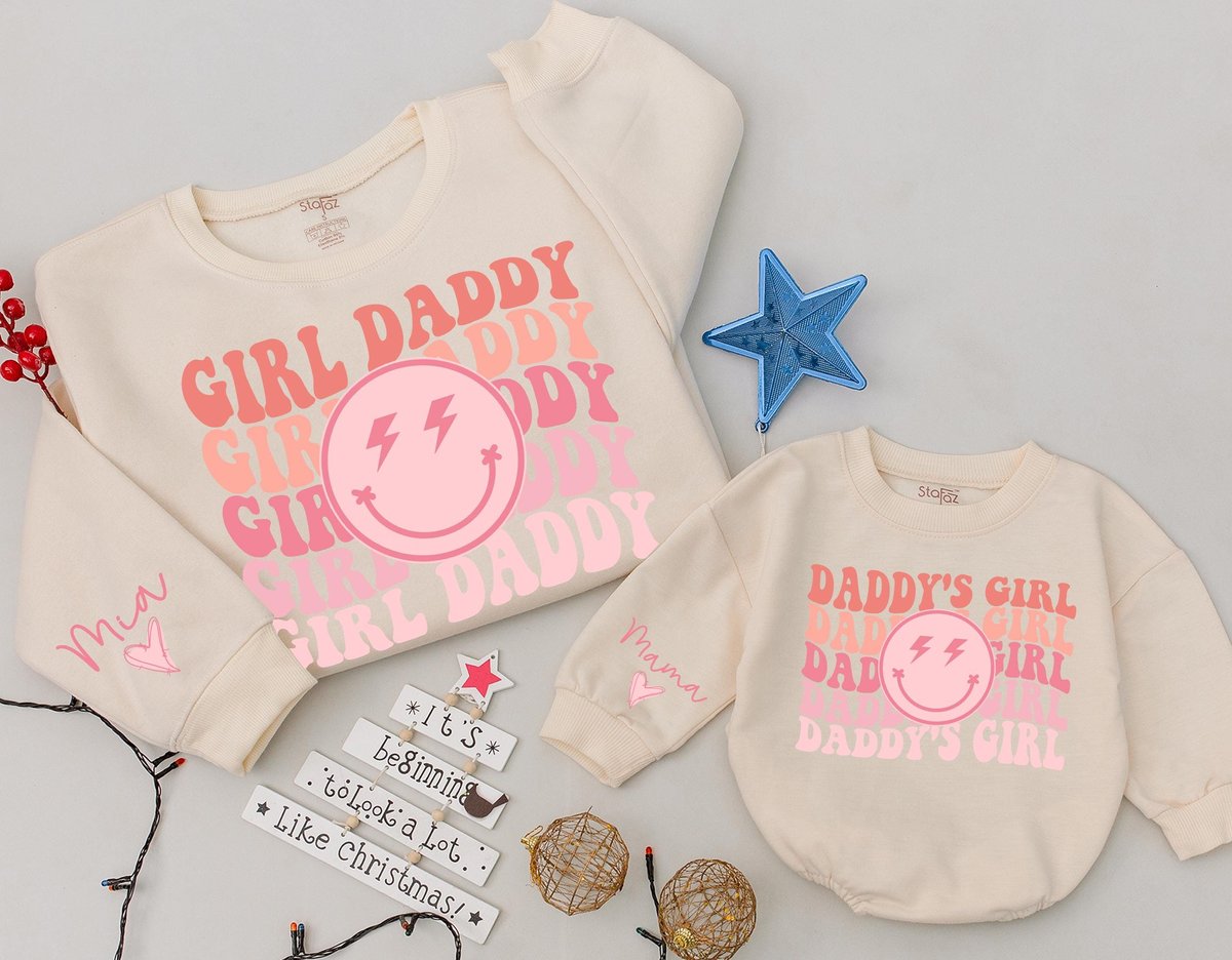 Custom Girl daddy and daddy's girl Sweatshirt Baby romper kids Smiley face Mama Sweater Gift for He 182