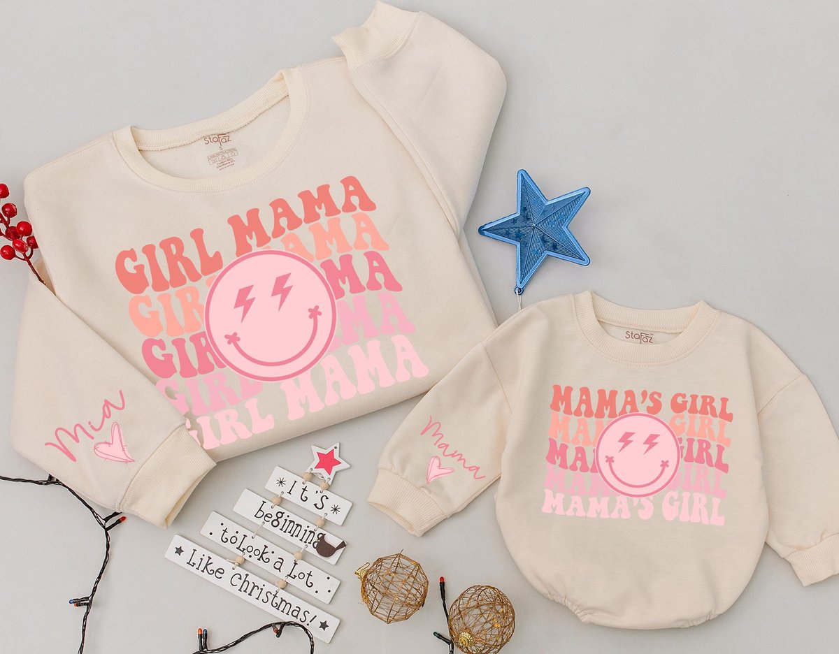 Custom Girl mama and mama's girl Sweatshirt Baby romper kid Smiley face Mama Sweatshirt Gift for He 182