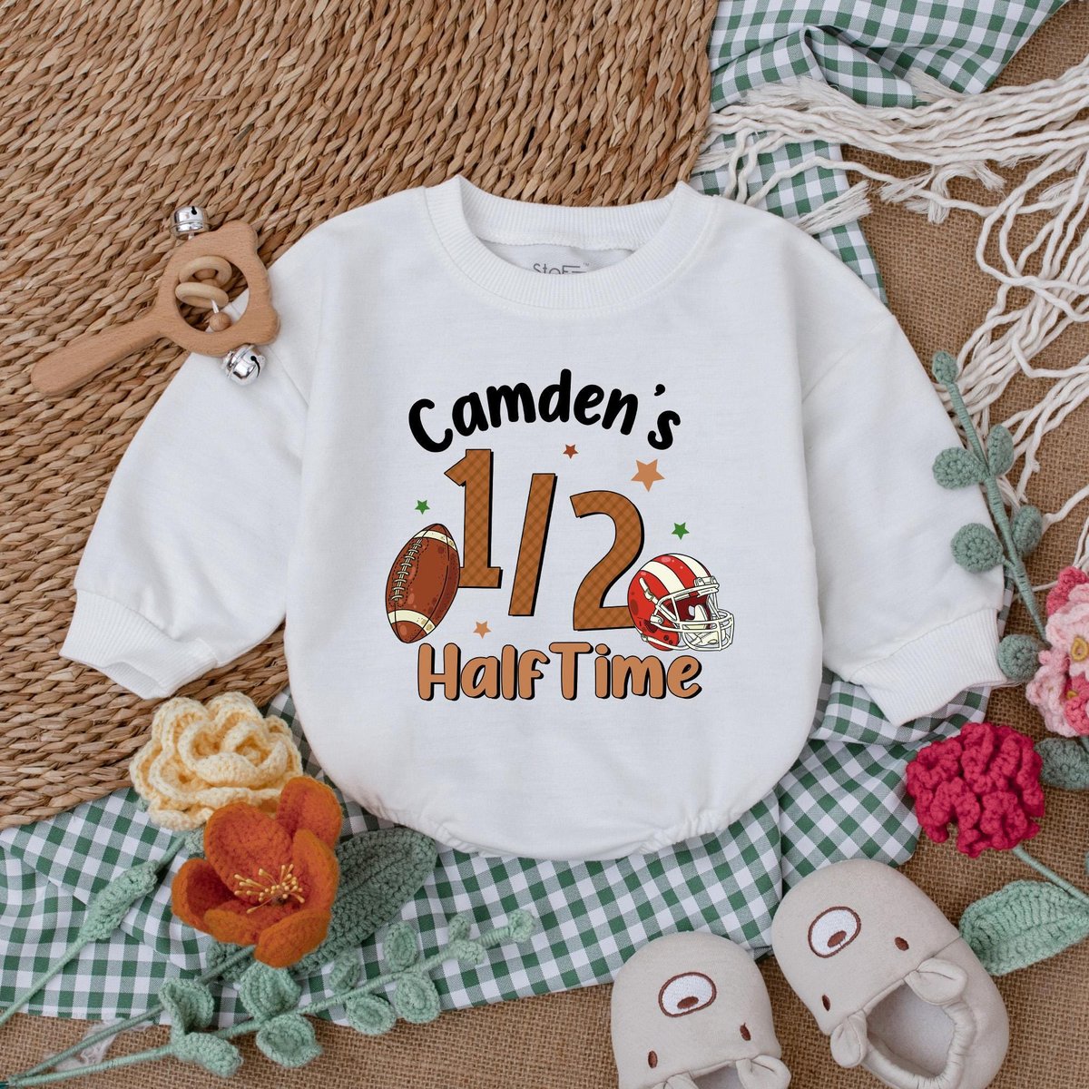 Custom Half Way To One Football Romper Half Birthday Boy Bodysuit 12 Birthday Outfit Football Half B 185
