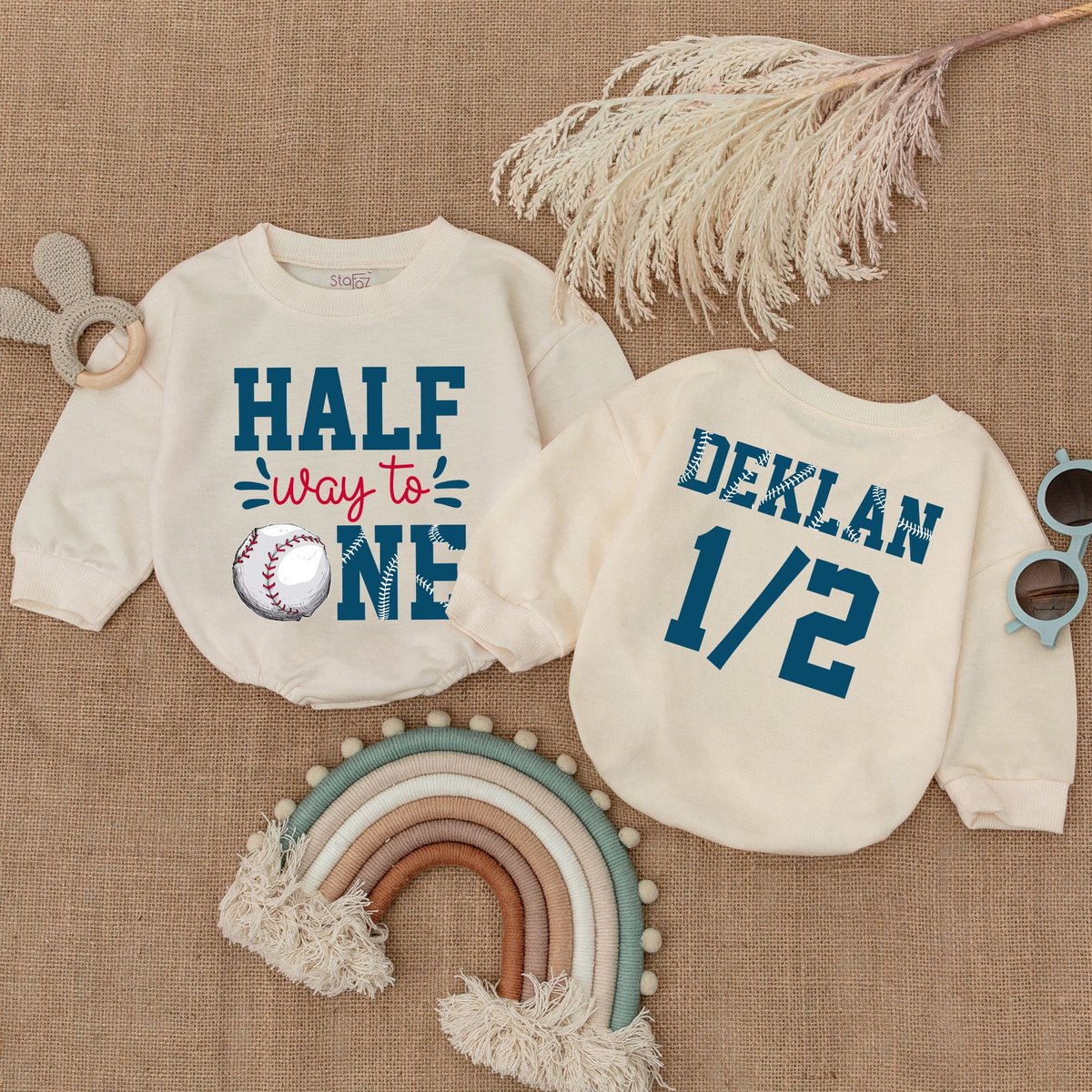 Custom Halfway To One Long  Sleeve Romper Baseball Half Birthday 12 Birthday Outfit Six Month Birth 174