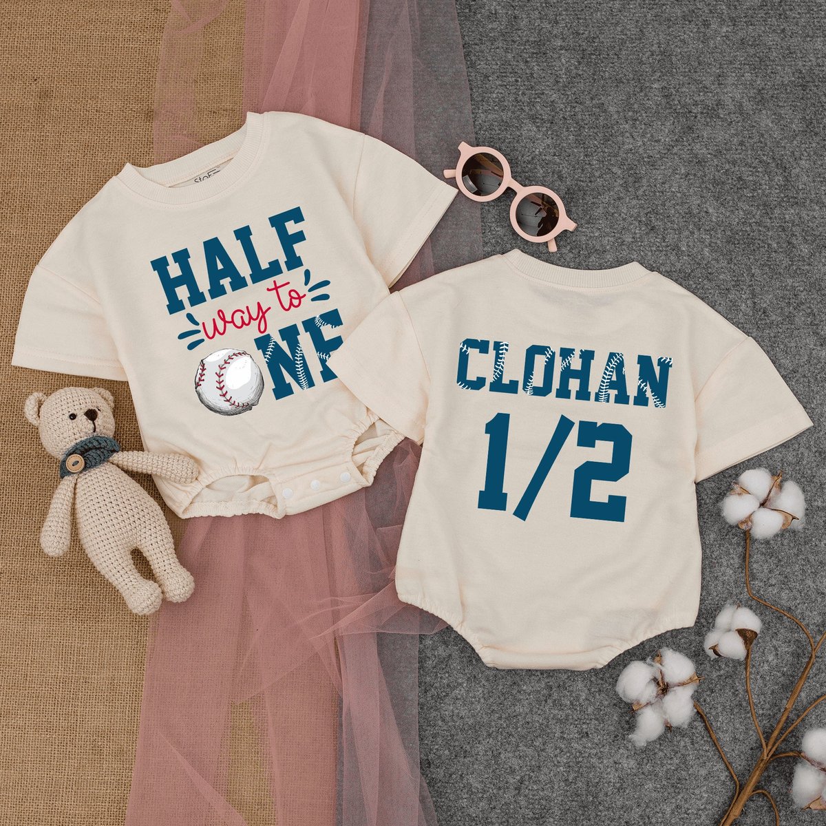Custom Halfway To One Romper Short  Sleeve Baseball Half Birthday 12 Birthday Outfit Six Month Birt 168