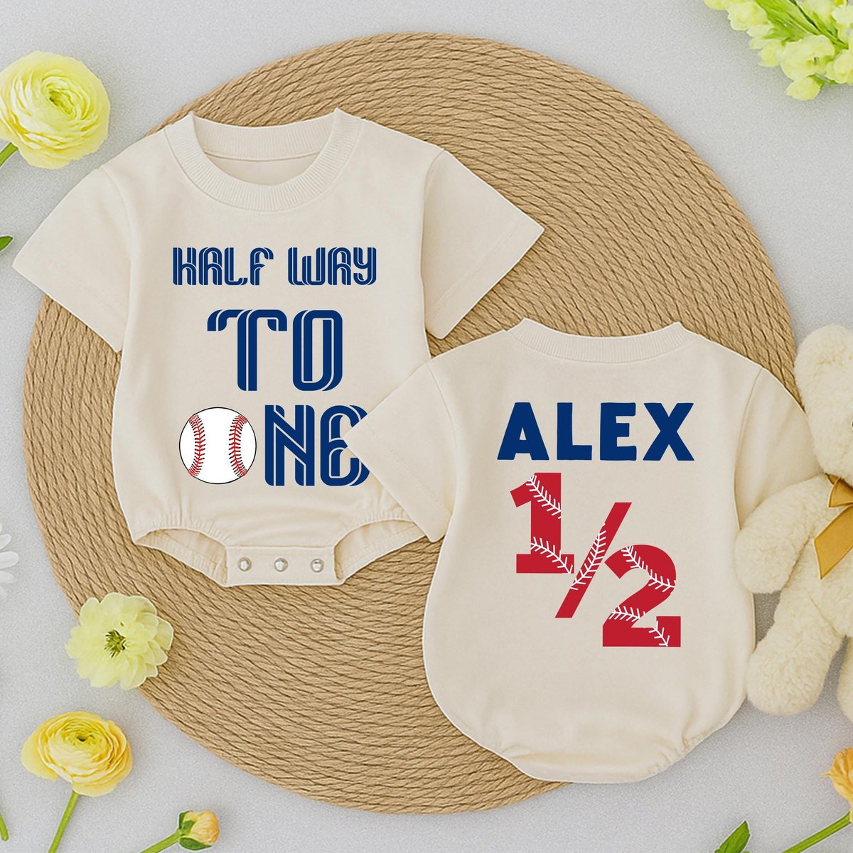 Custom Halfway To One Romper Short  Sleeve Baseball Half Birthday 12 Birthday Outfit Six Month Birt 434