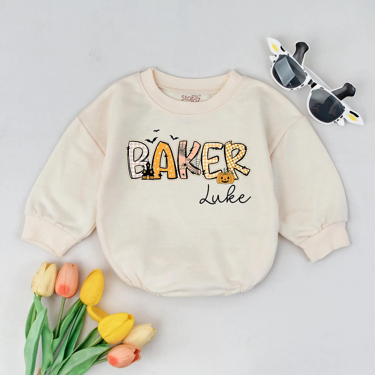 Custom Halloween Baby Bubble Romper Personalized Name Romper Retro Fall Baby Outfit Spooky Infant Cl 433
