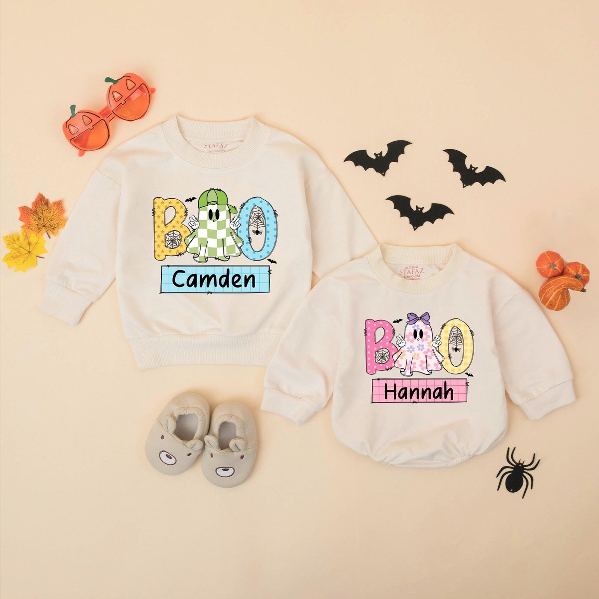 Custom Halloween Boo Ghost Matching Shirts for Siblings Personalized Boy Girl Fall Sweatshirt Romper 432