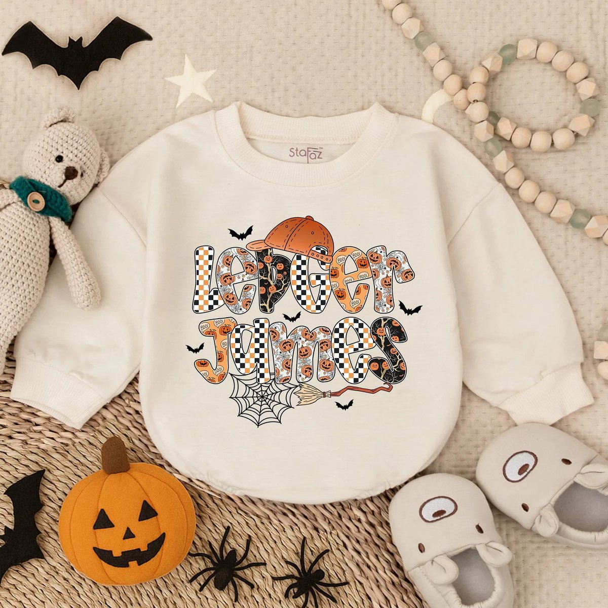 Custom Halloween Bubble Romper for Baby Boy Spooky Dude Outfit with Name Fall Pumpkin Ghost Bodysuit