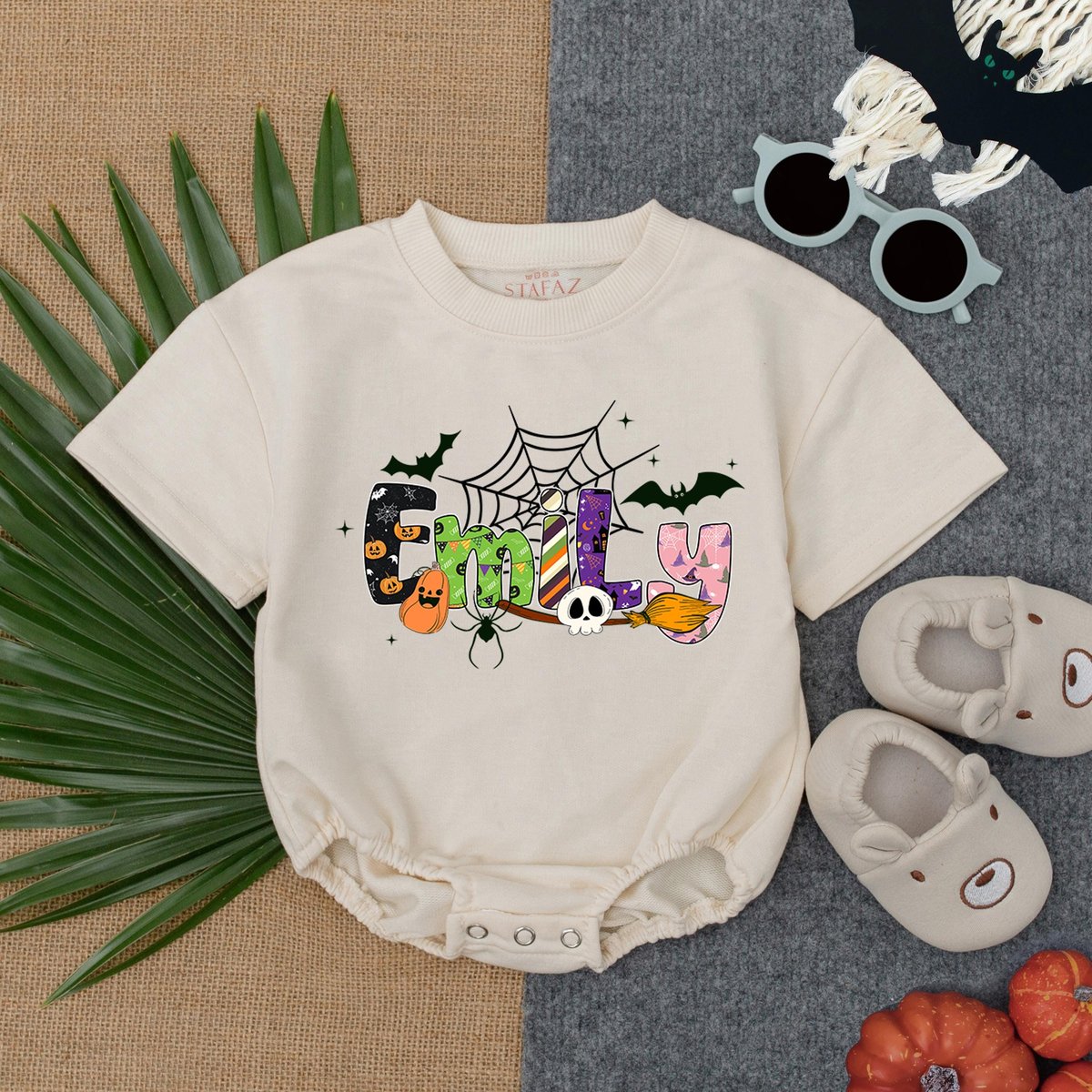 Custom Halloween Name Baby Romper Short Sleeves Halloween Witch Baby Bodysuit First Halloween Costum 434