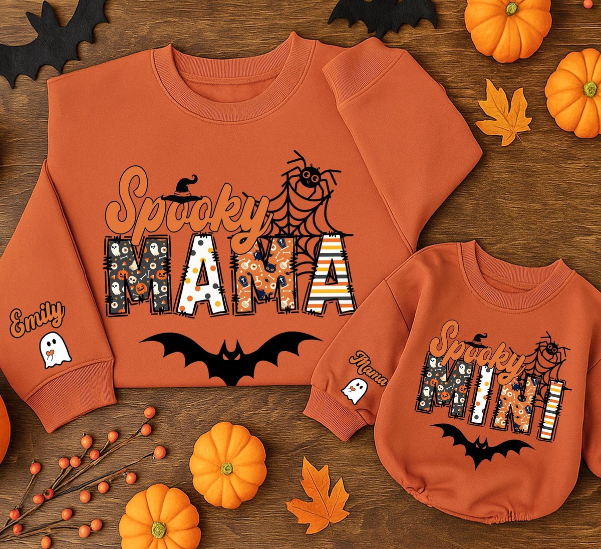 Custom Halloween Spooky Mama Mini Sweatshirt with Name on Sleeve Sweatshirt Cool Mama Halloween Swea 435