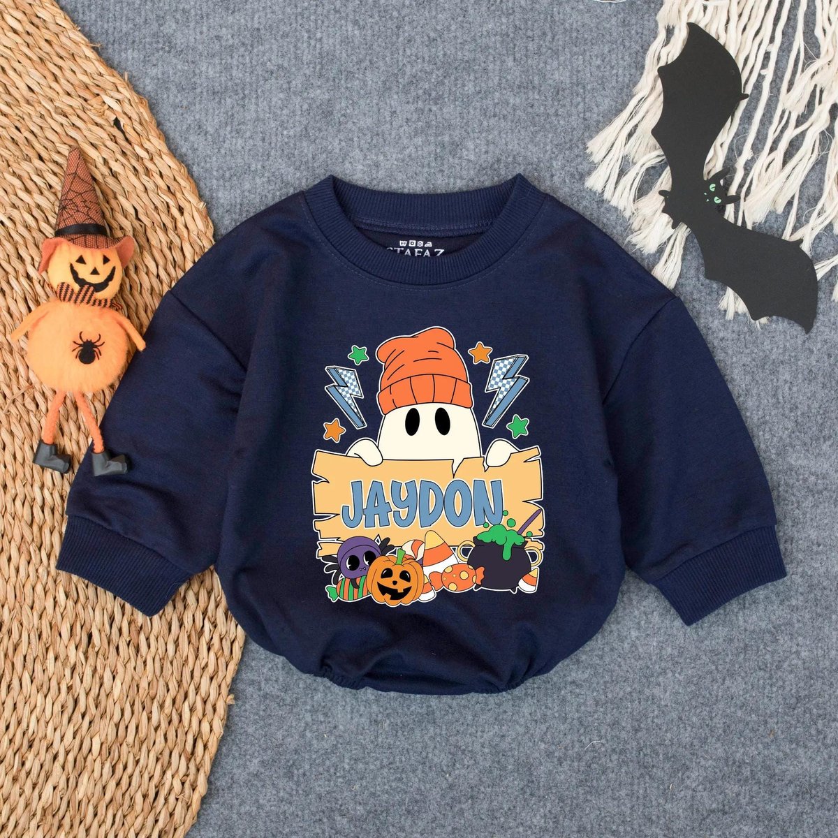 Custom Halloween Sweatshirt Bubble Romper for Baby Boy Spooky Ghost Pumpkin Clothes Personalized Fal 433