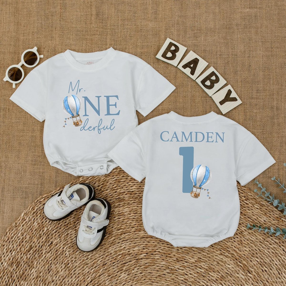 Custom Hot Air Balloon Mr Onederful Baby Romper Birthday Boy Bodysuit First Birthday Outfit Newborn 430