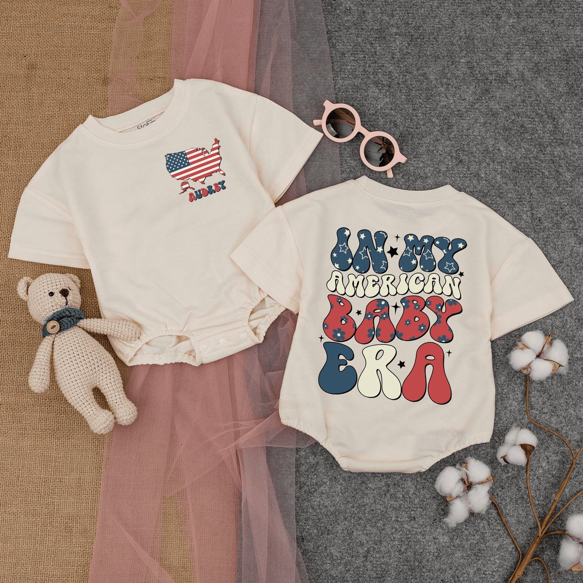 Custom In My American Baby Era Romper Short  Sleeve Patriotic Bodysuit Cute Fourth of July Baby Bab 171