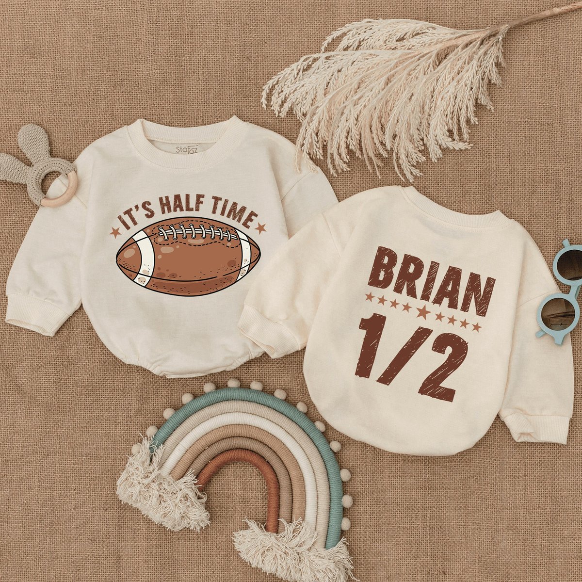 Custom It's Halftime Romper Football Half Birthday Football Game Day Bubble Romper Infant Bodysuit 168