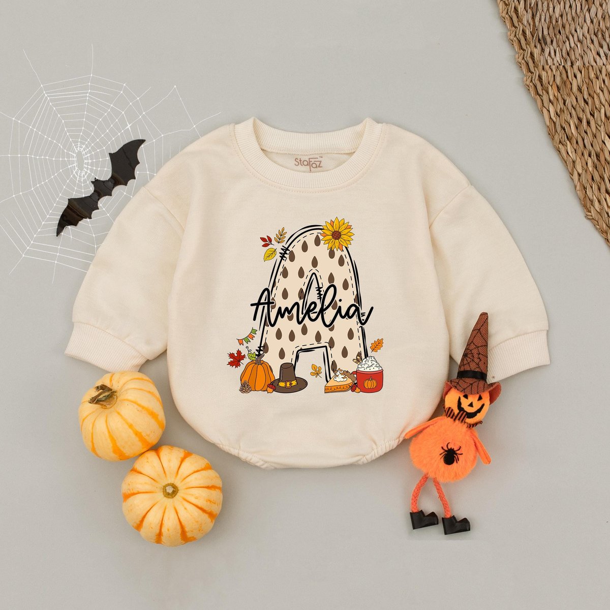 Custom Kids Fall Bubble Romper with Name Custom Fall Baby Romper For Girls Cute Fall Kids Name Shirt