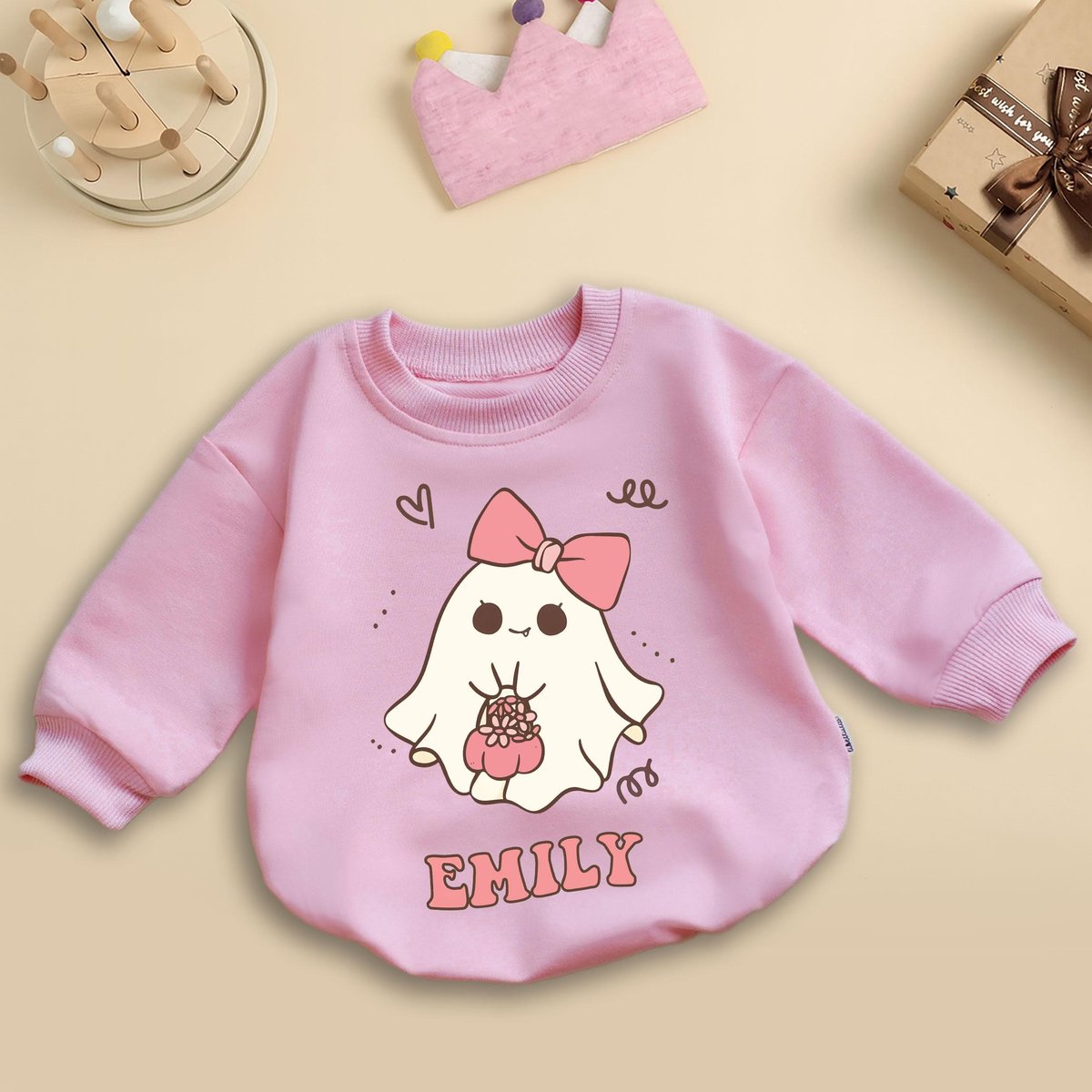 Custom Kids Halloween Romper Cute Retro Ghost Pink Bow Bodysuit Spooky Ghoul Coquette Pastel Bow Bab 436