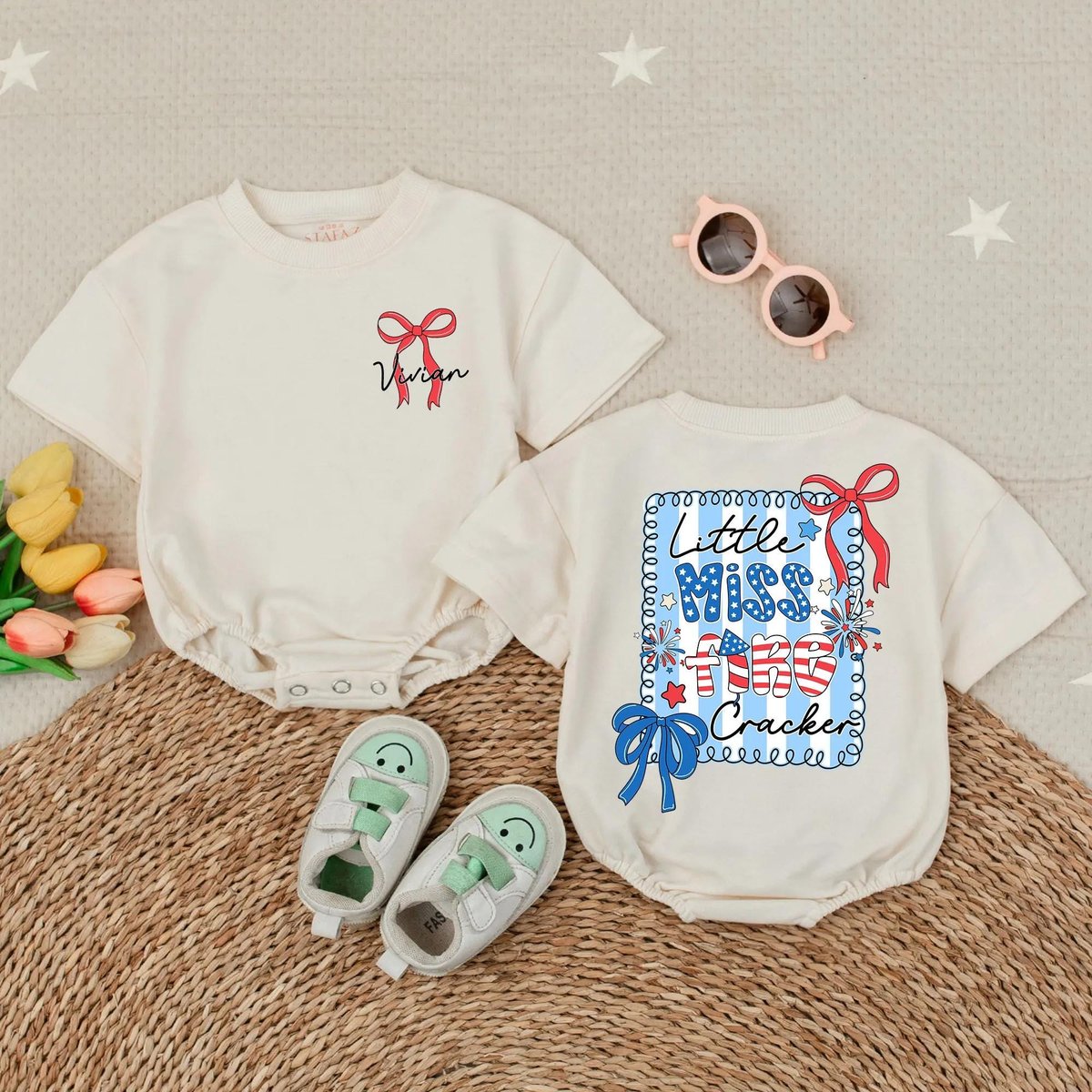 Custom Little Miss Firecracker Baby Girl 4th of July Short Sleeve Bubble Romper Red White Blue Toddle
