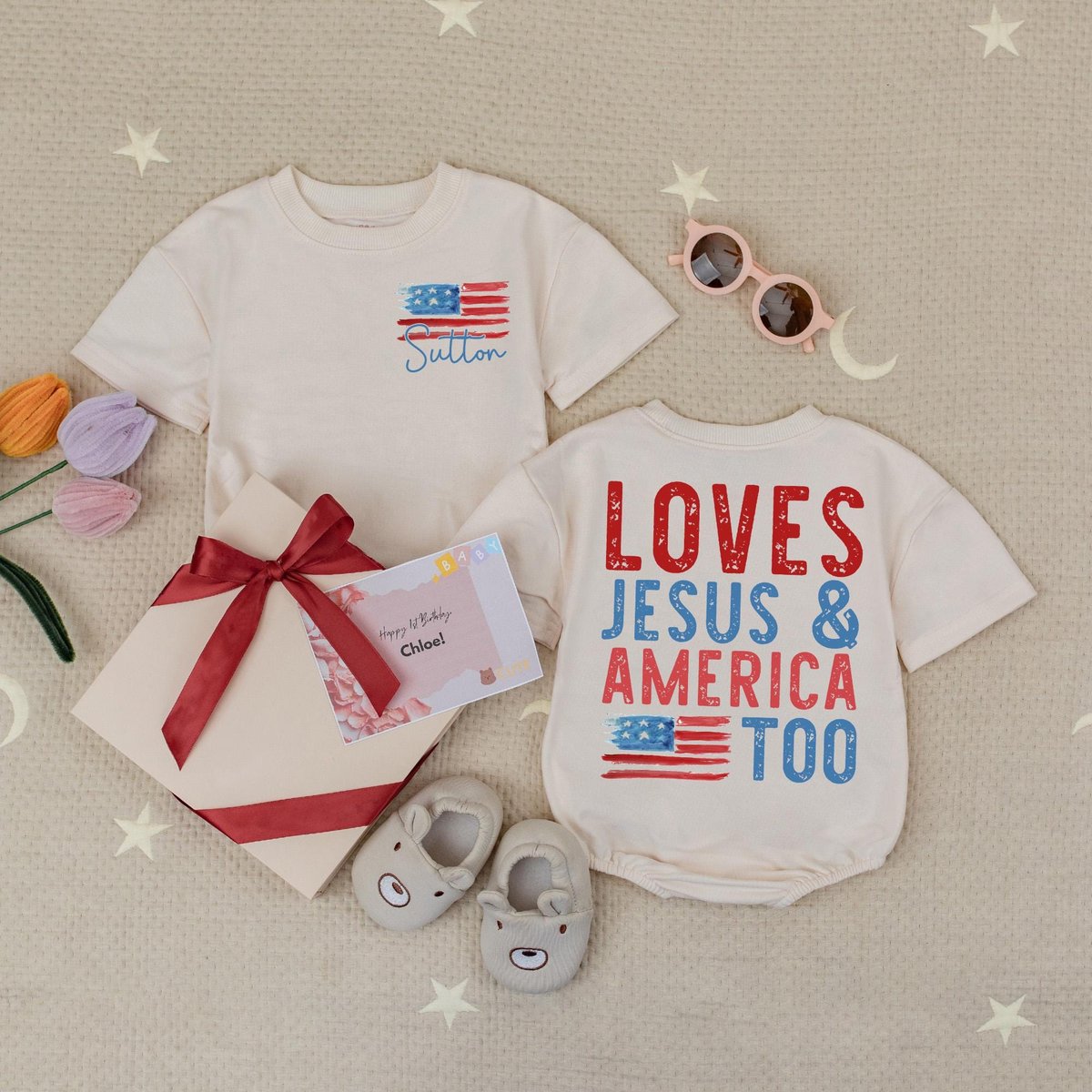 Custom Loves Jesus And America Too Baby Romper 4th of July Romper Sweatshirt Independence Day Baby B
