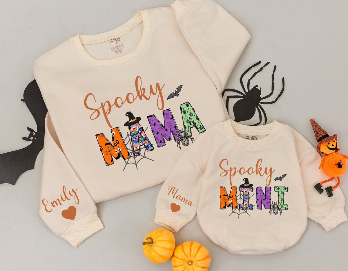 Custom Mama and mini Halloween Sweatshirt Cute Spooky Season baby romper gift Retro fall clothes Mat 174