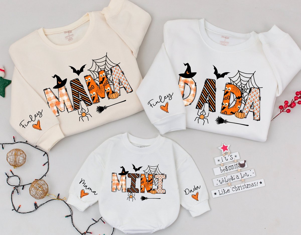 Custom Mama Dada and Mini Halloween Sweatshirts Baby romper gift Matching Family Outfits Best Gifts 178