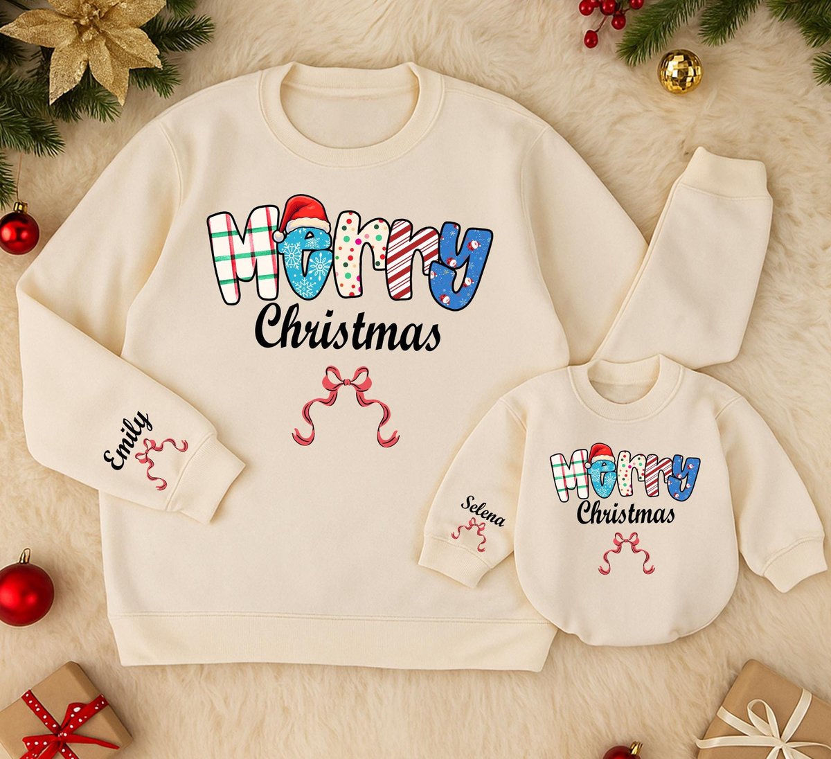 Custom Merry Christmas Sweatshirts Holiday Cute Bow woman Sweater Trendy Xmas Toddler Sweatshirt Bab 436